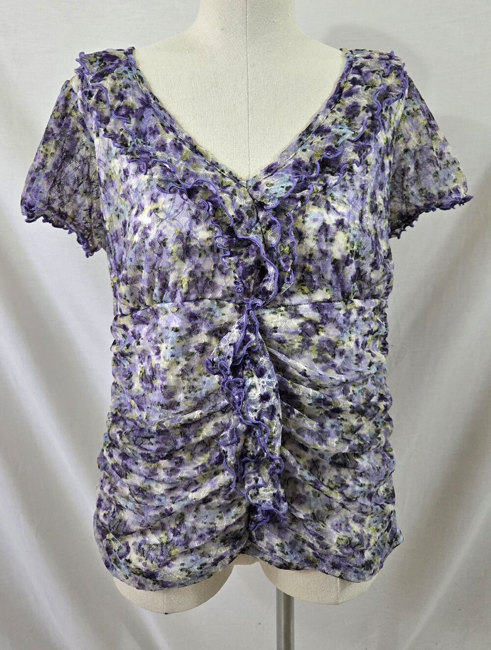 AB Studio Women's Purple And Yellow Short Sleeve Ruffled Lacey Blouse Size XL
